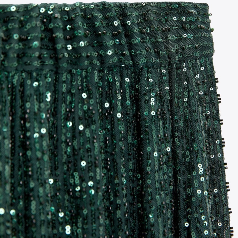 NWT Zara Limited Edition Sequin Balloon Pants in Dark Green - Picture 2 of 8